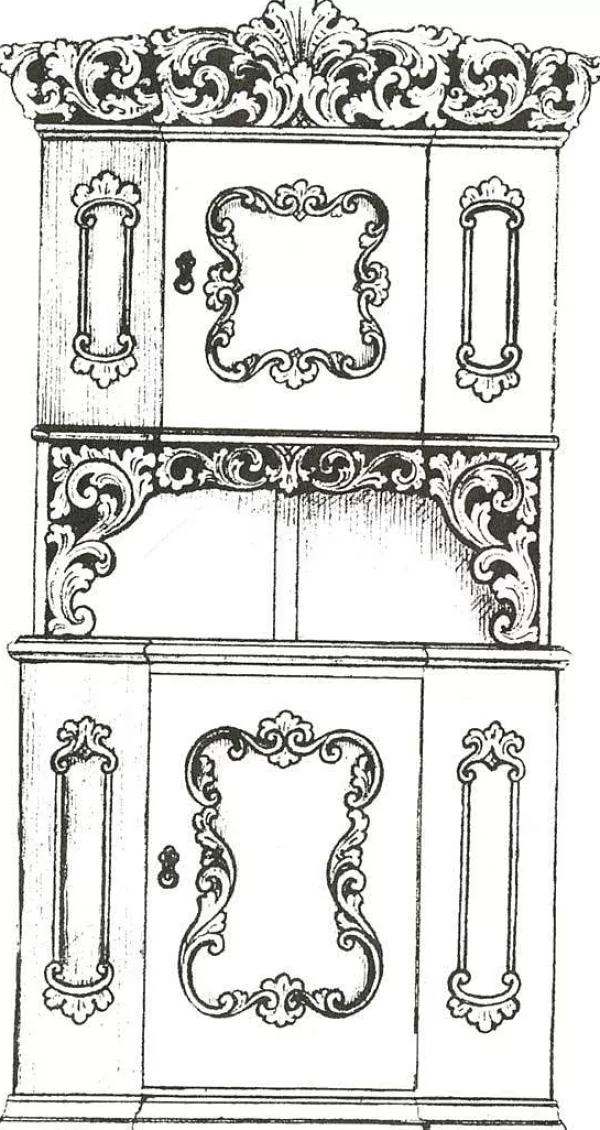 Vesterheim Amrud Acanthus Carving Pattern #7 Hjorneskap (Corner Hutch) Store