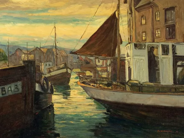 Prism Path Gicl E Print From Vesterheim'S Collections - Twilight At Lesund Harbor By Peer Gulbrandsen Store