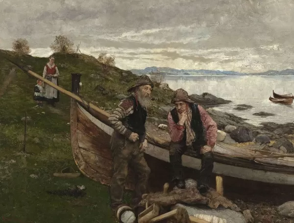Prism Path Gicl E Print From Vesterheim'S Collections - Two Men By Fishing Boat On Shore By Christian Eggen Sale