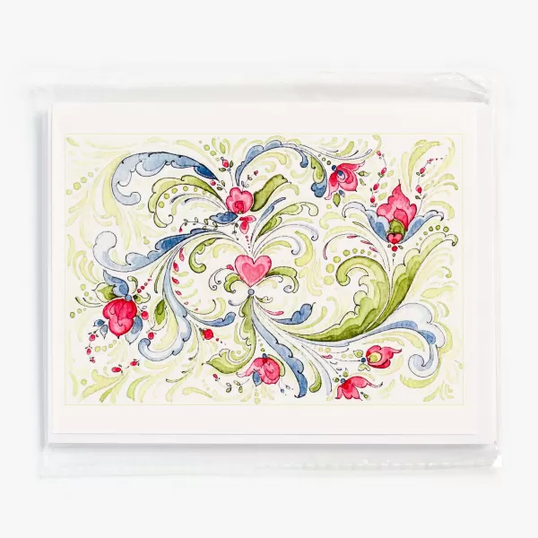 Sharon Christensen Pink Heart Notecards Set With Rosemaling By Best