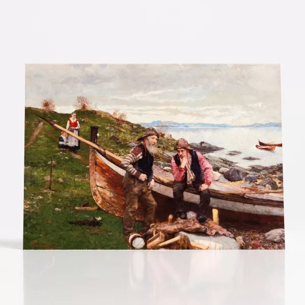 Johnson Printing Two Men By Fishing Boat On Shore By Christian Eggen - Vesterheim Collection Card Sale